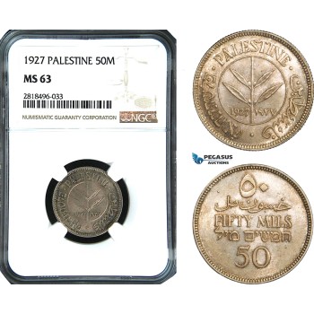 AB510, Palestine, 50 Mils 1927, London, Silver, NGC MS63