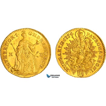 AB525, Hungary, Maria Theresia, Ducat 1754 K-B, Kremnitz, Gold (3.50g) Lustrous Ch UNC (Few hairlines)