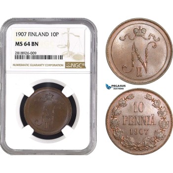 AB537, Finland (under Russia) Nicholas II, 10 Penniä 1907, Helsinki, Copper, NGC MS64BN