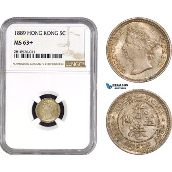 AB539, Hong Kong, Victoria, 5 Cents 1889, London, Silver, NGC MS63+
