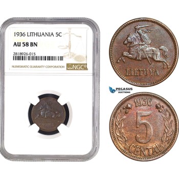 AB543, Lithuania, 5 Centai 1936, NGC AU58BN