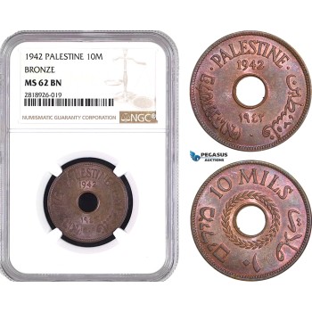 AB547, Palestine, 10 Mils 1942, London, Bronze, NGC MS62BN