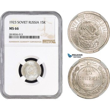 AB550, Russia (Soviet) 15 Kopeks 1923, Leningrad, Silver, NGC MS66