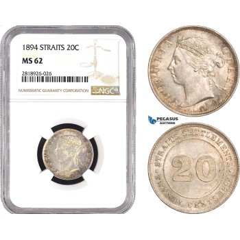 AB555, Straits Settlements, Victoria, 20 Cents 1894, Silver, NGC MS62