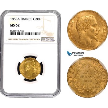 AB558, France, Napoleon III, 20 Francs 1858-A, Paris, Gold, NGC MS62