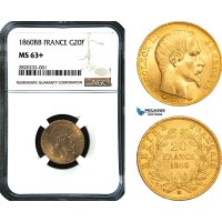 AB559, France, Napoleon III, 20 Francs 1860-BB, Strasbourg, Gold, NGC MS63+