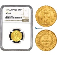 AB560, France, Third Republic, 20 Francs 1877-A, Paris, Gold, NGC MS64