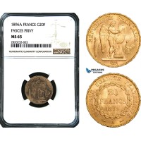 AB561, France, Third Republic, 20 Francs 1896-A (Fasces) Paris, Gold, NGC MS65