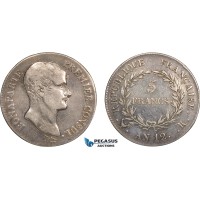 AB565, France, Napoleon (Premier Consul) 5 Francs AN 12-K, Bordeaux, Silver, F-VF