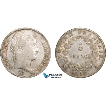AB599, France, Napoleon, 5 Francs 1812-A, Paris, Silver, Toned XF