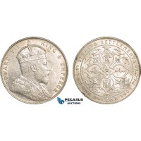 AB604, Straits Settlements, Edward VII, Dollar 1908-B, Bombay, Silver, Lustrous AU (Some marks)