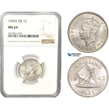 AB613, Fiji, George VI, 1 Shilling 1942-S, San Francisco, Silver, NGC MS64