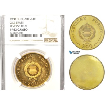 AB616, Hungary, Gilt Brass Reverse Trial of 200 Forint 1968, Budapest, NGC PF62, Rare!