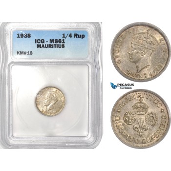 AB617, Mauritius, George VI, 1/4 Rupee 1938, Silver, ICG MS61
