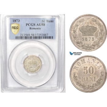 AB622, Romania, Carol I, 50 Bani 1873, Brussels, Silver, PCGS AU58