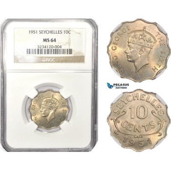 AB627, Seychelles, George VI, 10 Cents 1951, NGC MS64