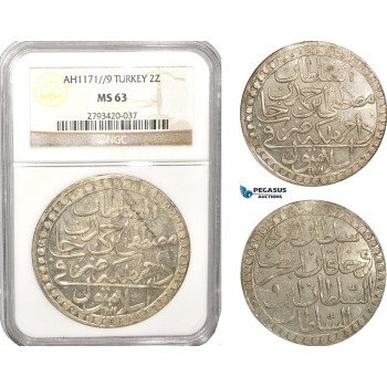 AB632, Ottoman Empire, Turkey, Mustafa III, 2 Zolota AH1171/9, Islambul (Istanbul) NGC MS63