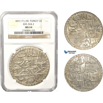 AB633, Ottoman Empire, Turkey, Mustafa III, 2 Zolota AH1171/81, Islambul (Istanbul) NGC MS64
