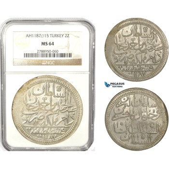 AB639, Ottoman Empire, Turkey, Abdülhamid I, 2 Zolota AH1187/15, Islambul (Istanbul) NGC MS64, Pop 1/0, Rare Grade!