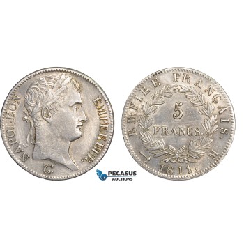 AB645, France, Napoleon, 5 Francs 1811-M, Toulouse, Silver, Cleaned AU