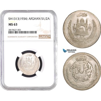 AB650, Afghanistan, Muhammed Zahir Shah, 1/2 Afghani SH1313 (1934) Silver, NGC MS63