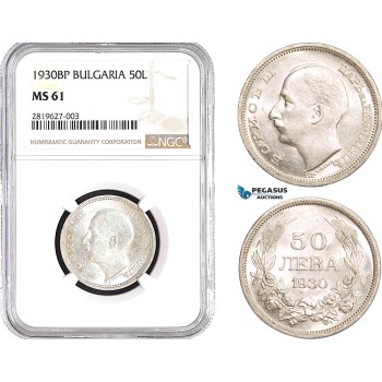AB662, Bulgaria, Boris III, 50 Leva 1930-BP, Budapest, Silver, NGC MS61
