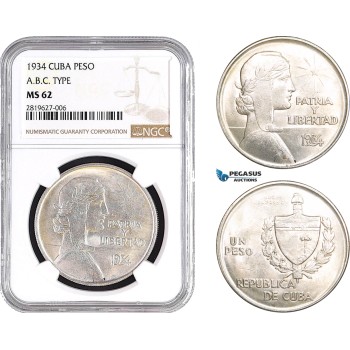 AB668, Cuba, ABC Peso 1934, Philadelphia, Silver, NGC MS62