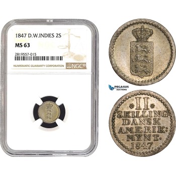 AB669-R, Danish West Indies, 2 Skilling 1847, Silver, NGC MS63
