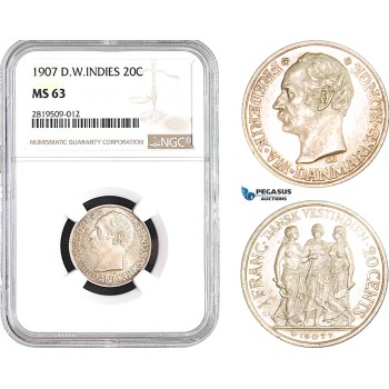 AB671, Danish West Indies, Frederik VIII, 20 Cents / Franc 1907, Copenhagen, Silver, NGC MS63