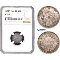 AB680-R, France, Third Republic, 50 Centimes 1873-A, Paris, Silver, NGC MS62
