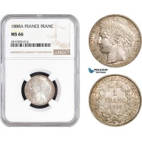 AB681, France, Third Republic, 1 Franc 1888-A, Paris, Silver, NGC MS66, Pop 10/0