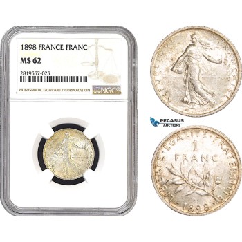 AB682-R, France, Third Republic, 1 Franc 1898, Paris, Silver, NGC MS62