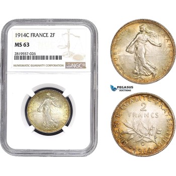 AB683-R, France, Third Republic, 2 Francs 1914-C, Castelsarrasin, Silver, NGC MS63