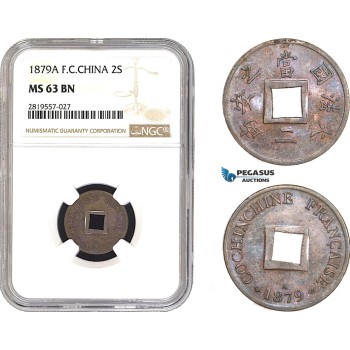 AB684-R, French Cochine-China, 2 Sapeque 1879-A, Paris, NGC MS63BN
