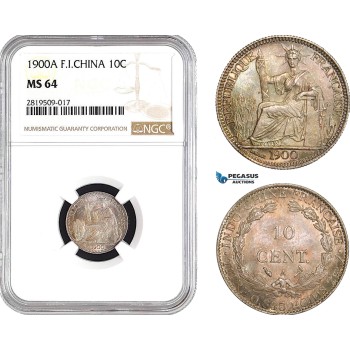 AB687, French Indo-China, 10 Centimes 1900-A, Paris, Silver, NGC MS64
