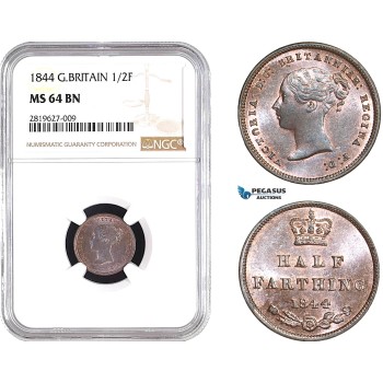 AB691, Great Britain, Victoria, 1/2 Farthing 1844, NGC MS64BN