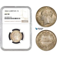 AB692, Great Britain, Victoria, Shilling 1864 (Die 51), Silver, NGC AU58