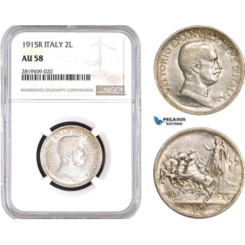 AB708, Italy, Vit. Emanuele III, 2 Lire 1915-R, Rome, Silver, NGC AU58