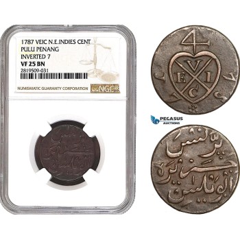 AB716, Netherlands East Indies (VEIC) Pulu Penang, 1 Cent 1787, Inverted 7, NGC VF25BN, Pop 1/0, Rare!