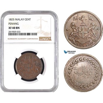 AB718, Malay Peninsula, Penang, 1 Cent 1825, NGC XF40BN, Pop 1/0