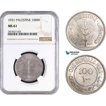 AB725, Palestine, 100 Mils 1931, London, Silver, NGC MS61, Rare!