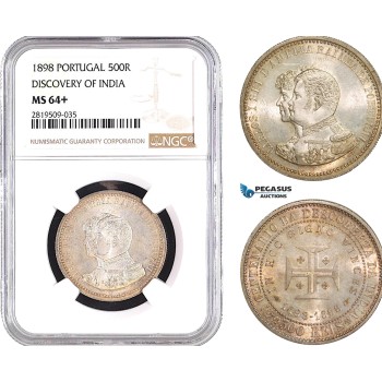 AB731, Portugal, Carlos I, 500 Reis 1898, Lisbon, Silver, Discovery of India NGC MS64+