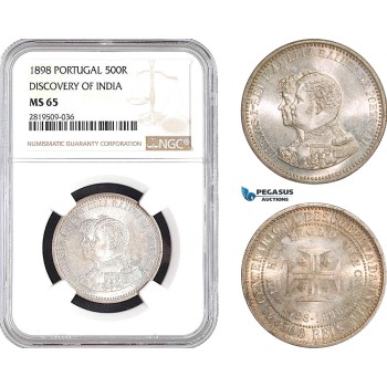 AB732, Portugal, Carlos I, 500 Reis 1898, Lisbon, Silver, Discovery of India NGC MS65