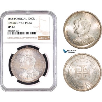 AB733, Portugal, Carlos I, 1000 Reis 1898, Lisbon, Silver, Discovery of India NGC MS65