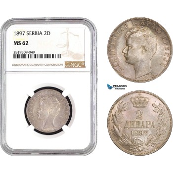 AB749, Serbia, Alexander I, 2 Dinara 1897, Vienna, Silver, NGC MS62