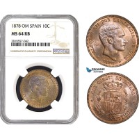 AB750-R, Spain, Alfonso XII, 10 Centimos 1878 OM, Barcelona, NGC MS64RB