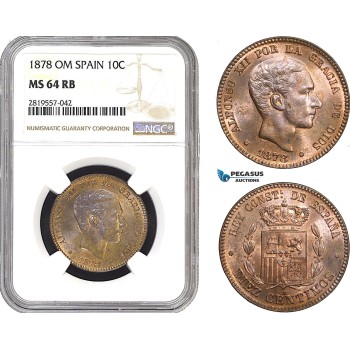 AB750-R, Spain, Alfonso XII, 10 Centimos 1878 OM, Barcelona, NGC MS64RB