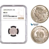 AB756, Straits Settlements, Victoria, 10 Cents 1878, Silver, NGC MS61