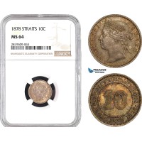 AB757, Straits Settlements, Victoria, 10 Cents 1878, Silver, NGC MS64, Pop 2/2