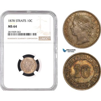 AB757, Straits Settlements, Victoria, 10 Cents 1878, Silver, NGC MS64, Pop 2/2